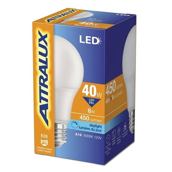 Attralux 10600220 40W & 450 Lumen 5000K A19 Non-Dimmable LED Blub, Daylight - Pack of 6