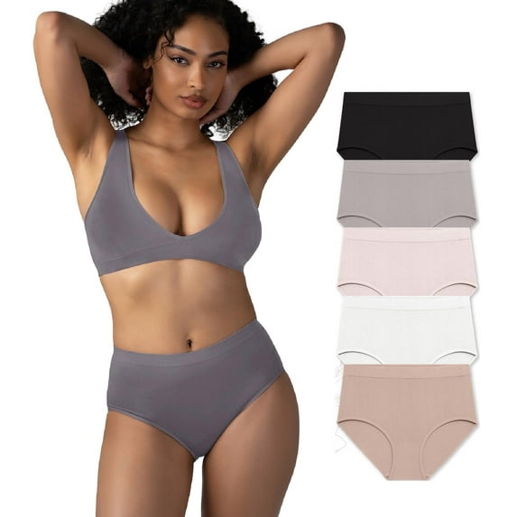 Attributes 5-Pack Women's Seamless Briefs, Panties Para Mujeres, Underwear, Black/Grey/Mauve/White/Rose, Large