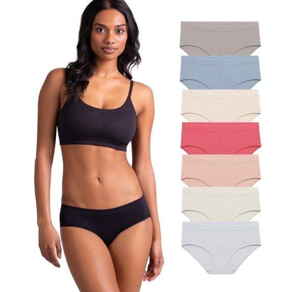Attributes 7 Pack Women's Briefs - Seamless Hipsters - Breathable, Moisture Wicking, Grey/Blue/Red/Green, Small