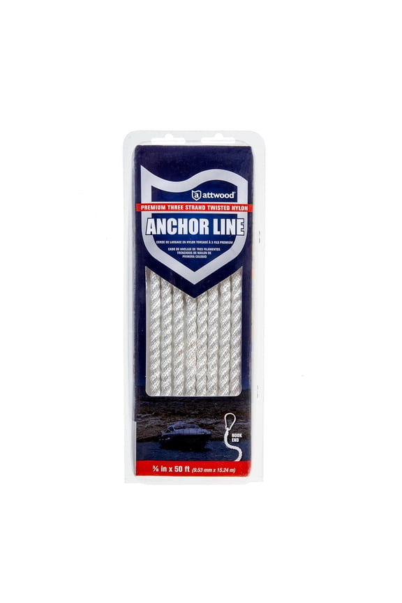 11707-7 Anchor Line Wht Twis Nylon w/Hook 3/8"x50'