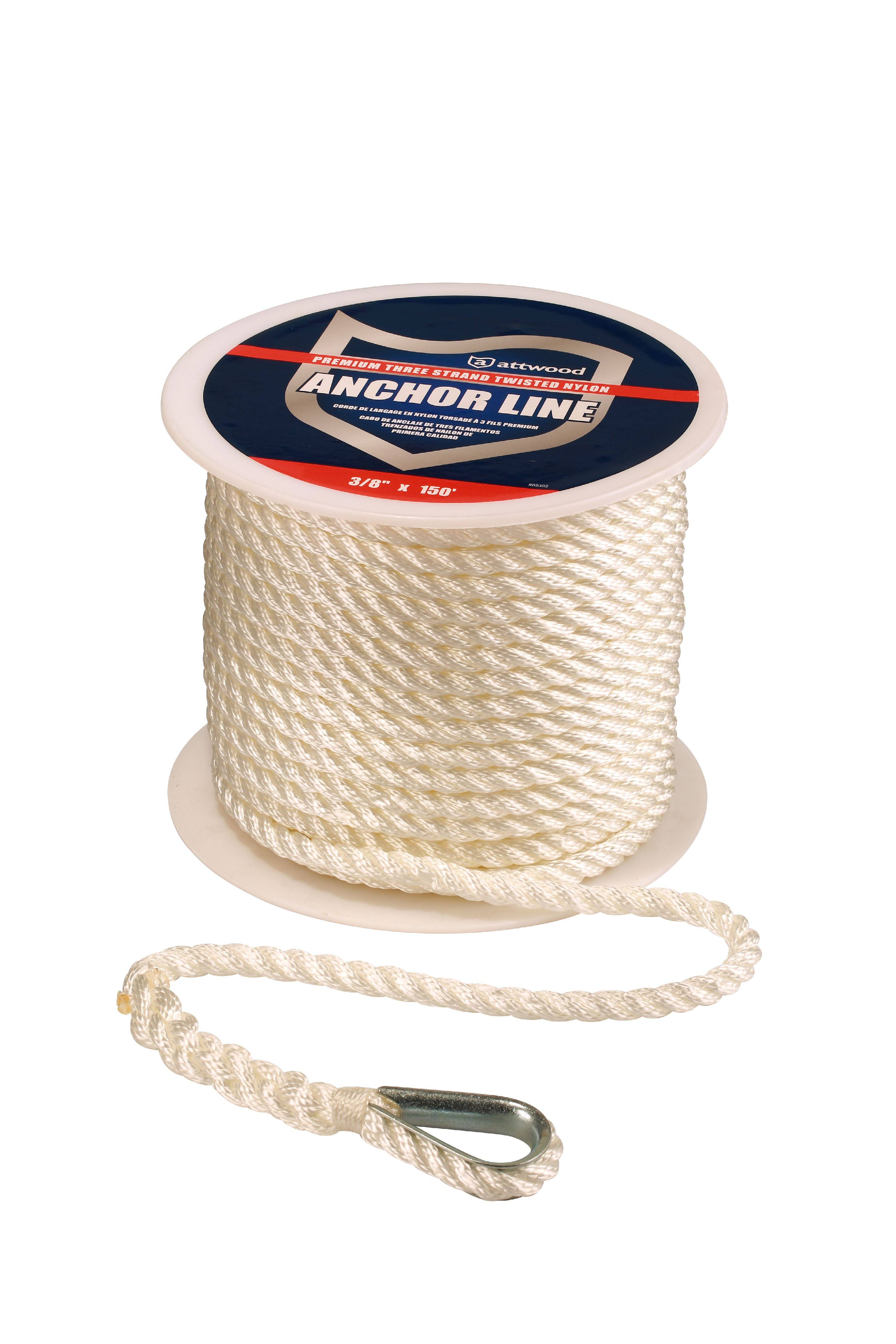 Attwood 11708-1 Premium 3-Strand Twisted Nylon Twisted Anchor Line with Thimble, White