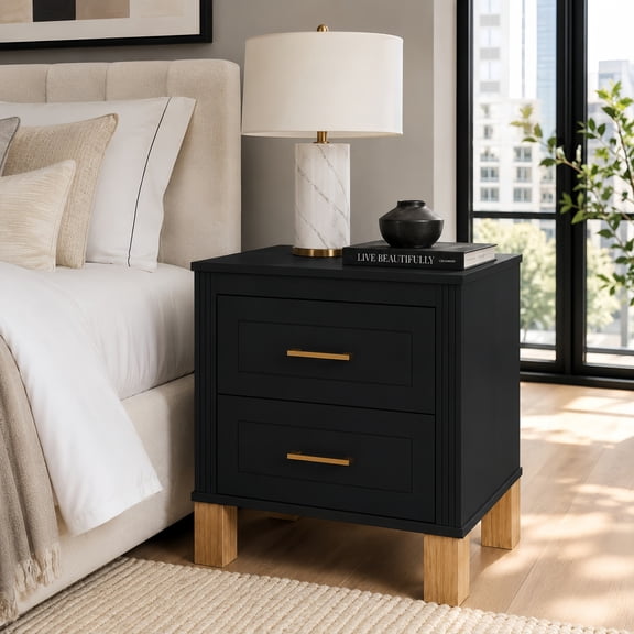 Atumcto 2-Drawer Fluted Nightstand, Wood Bedside Table with Solid Wood Legs & Metal Handles for Bedroom & Living Room, Black