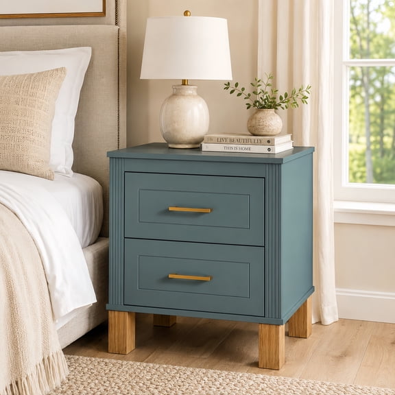 Atumcto 2-Drawer Fluted Nightstand, Wood Bedside Table with Solid Wood Legs & Metal Handles for Bedroom & Living Room, Blue