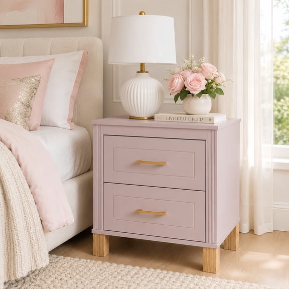 Atumcto 2-Drawer Fluted Nightstand, Wood Bedside Table with Solid Wood Legs & Metal Handles for Bedroom & Living Room, Pink