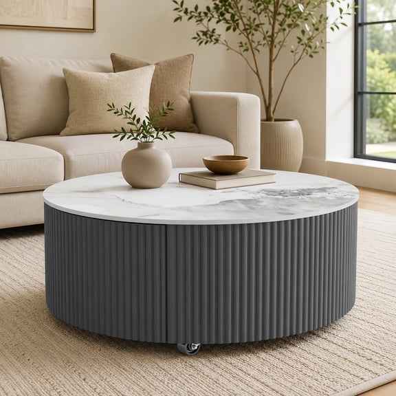 Atumcto 29.5" Modern Round Coffee Table with Casters, 2 Drawers, Marble-Pattern Sintered Stone Top for Living Room, Gray