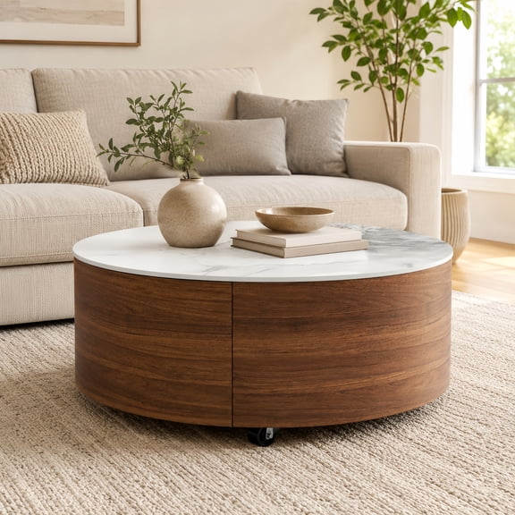 Atumcto 29.5" Modern Round Coffee Table with Casters, 2 Drawers, Marble-Pattern Sintered Stone Top for Living Room, Walnut