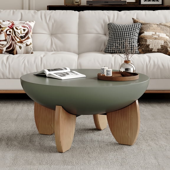 Atumcto 30" Round Coffee Table, Mid-Century Bowl-Shaped Low Center Table with Solid Wood Legs for Living Room, Small Space, Olive&Walnut