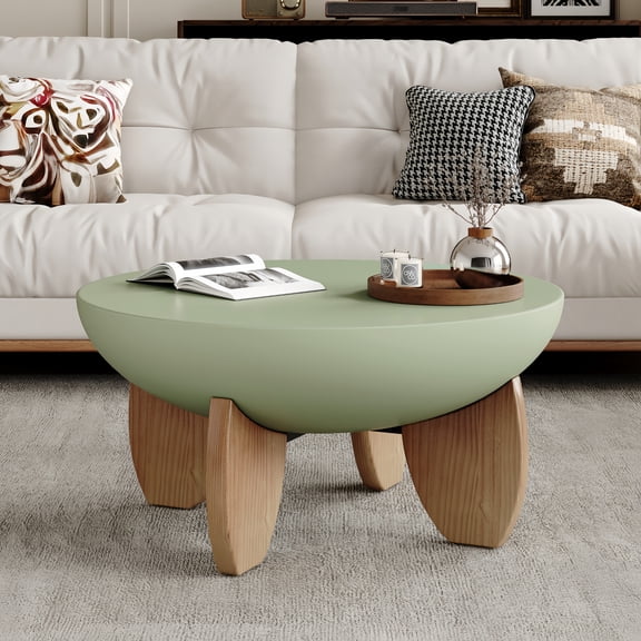 Atumcto 30" Round Coffee Table, Mid-Century Bowl-Shaped Low Center Table with Solid Wood Legs for Living Room, Small Space, Sage Green & Walnut