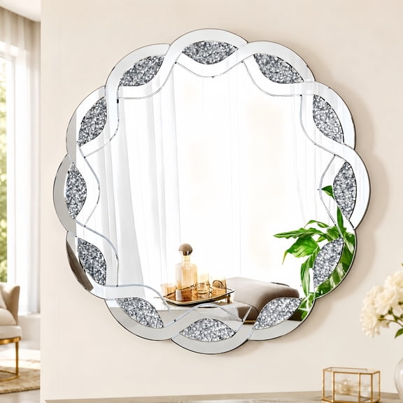 Atumcto 31.5" Round Wall Mirror, Decorative Wave Frame Vanity Mirror with Crush Diamond Design for Bedroom, Bathroom, Living Room, Silver
