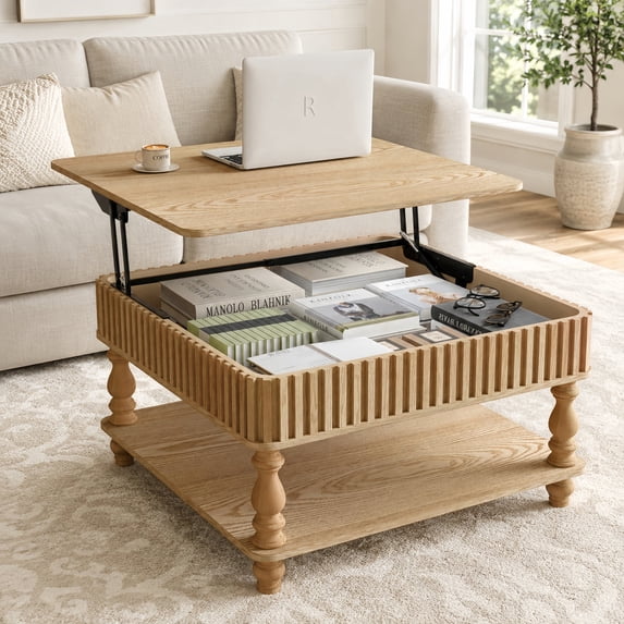 Atumcto 31.5" Square Lift Top Coffee Table with Hidden Storage, Open Shelf, Fluted Design & Hydraulic Lift Mechanism for Living Room, Natural Wood