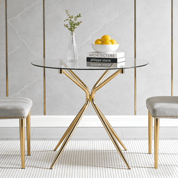 Atumcto 35.4" Round Glass Dining Table, Modern Glass Top Table with Chrome Metal Legs, Small Dining Table for 2-4 People, Kitchen or Cafe