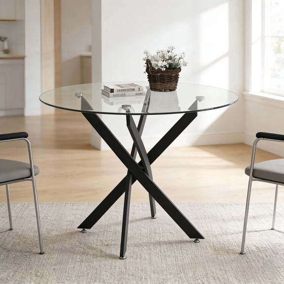 Atumcto 35.5" Round Tempered Glass Dining Table, Modern Kitchen Table with Black Metal Legs for Small Spaces, Clear/Black