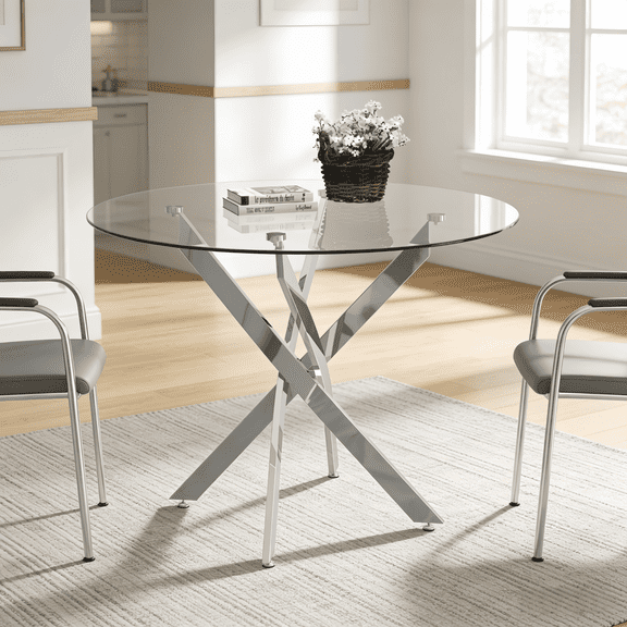Atumcto 35.5" Round Tempered Glass Dining Table, Modern Kitchen Table with Chrome Metal Legs for Small Spaces, Clear/Chrome