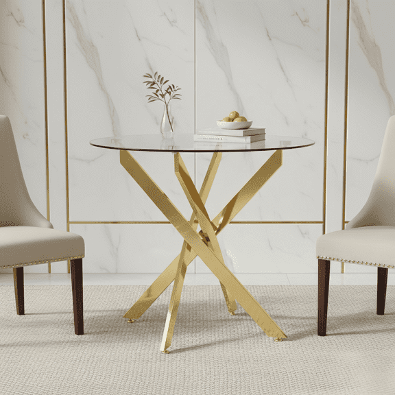 Atumcto 35.5" Round Tempered Glass Dining Table, Modern Kitchen Table with Gold Metal Legs for Small Spaces, Clear/Gold