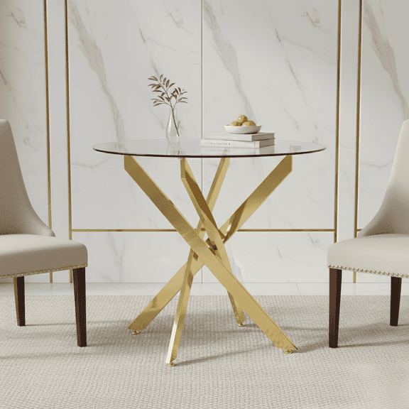 Atumcto 35.5" Round Tempered Glass Dining Table, Modern Kitchen Table with Gold Metal Legs for Small Spaces, Clear/Gold