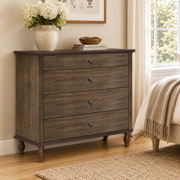 Atumcto 4 Drawer Dresser with Solid Wood Legs, Farmhouse Storage Chest of Drawers for Bedroom, Deep Rustic Brown