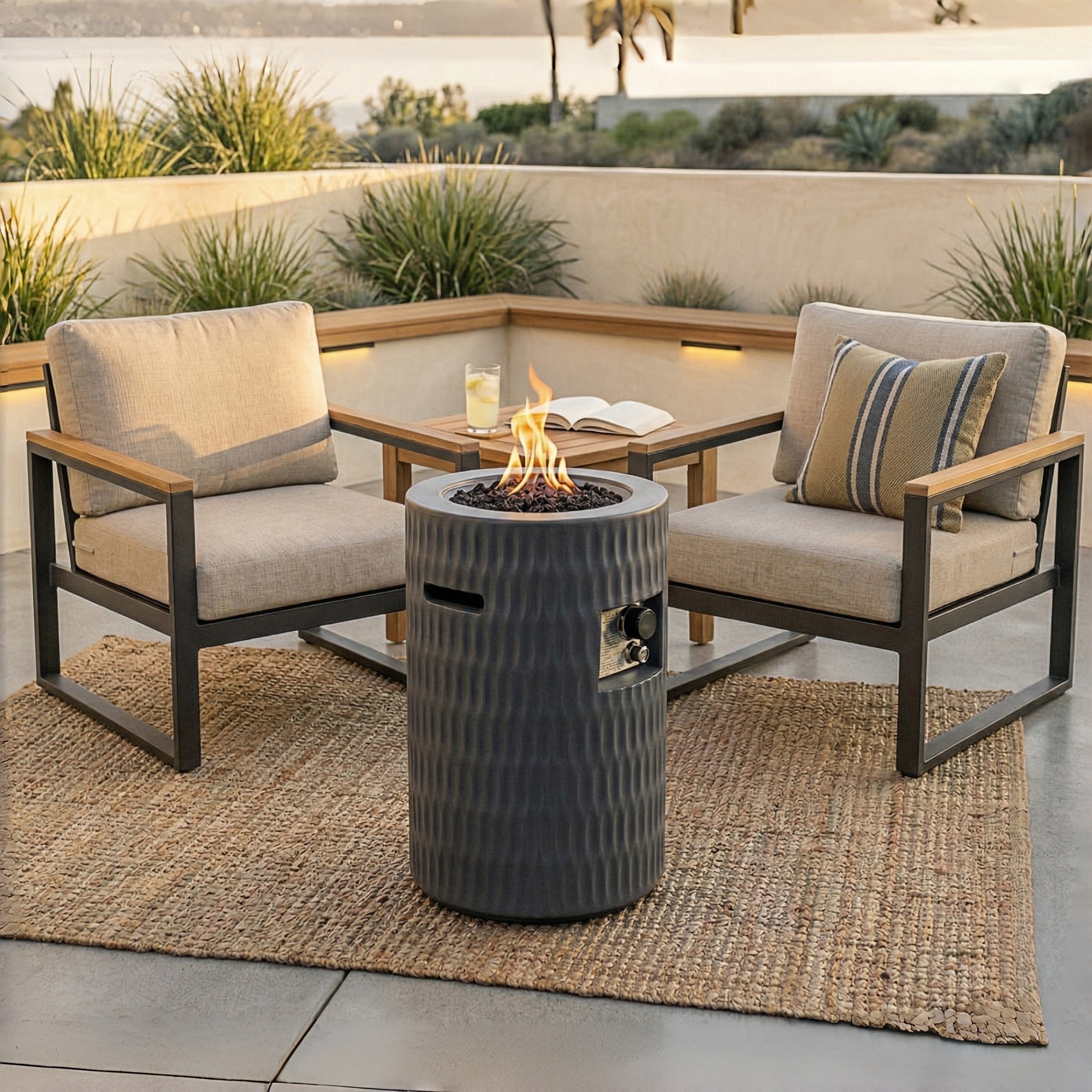 Atumcto 40,000 BTU Propane Fire Pit Column, 16.5" Round Concrete Outdoor Fire Pit with Lava Rocks and Cover for Patio, Backyard, Medium Gray