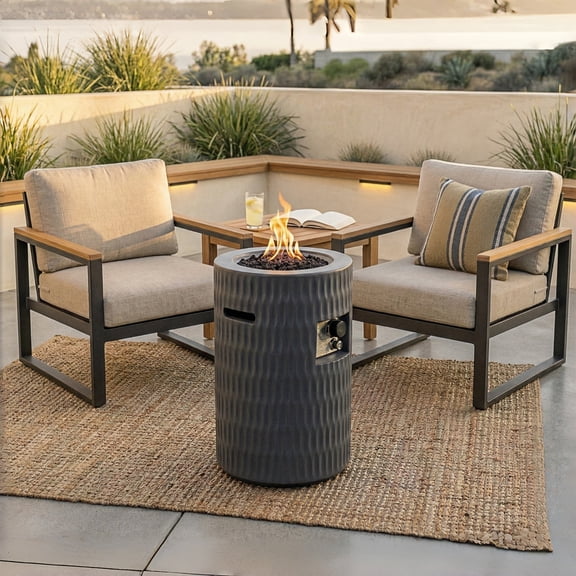 Atumcto 40,000 BTU Propane Fire Pit Column, 16.5" Round Concrete Outdoor Fire Pit with Lava Rocks and Cover for Patio, Backyard, Medium Gray