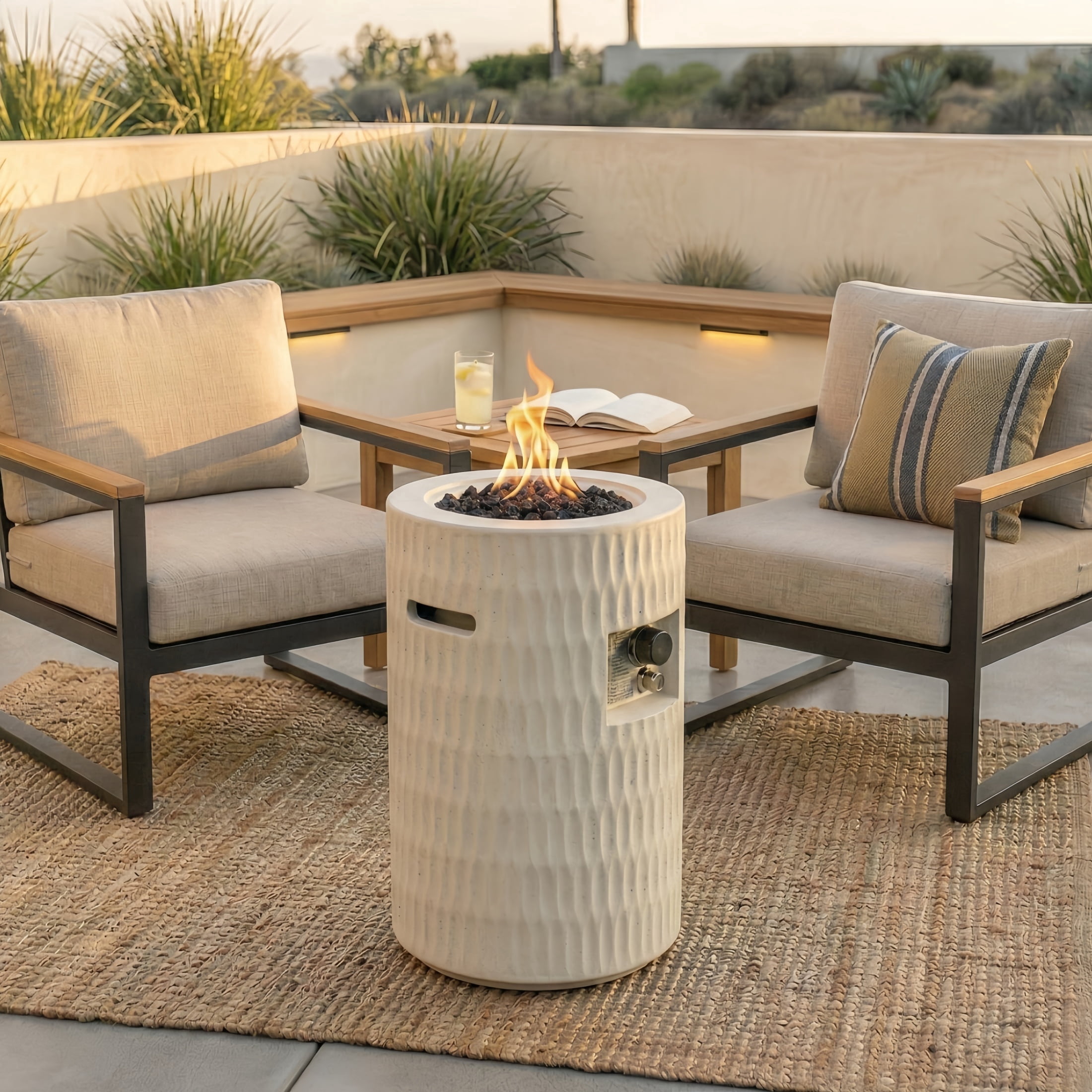 Atumcto 40,000 BTU Propane Fire Pit Column, 16.5" Round Concrete Outdoor Fire Pit with Lava Rocks and Cover for Patio, Backyard, Beige