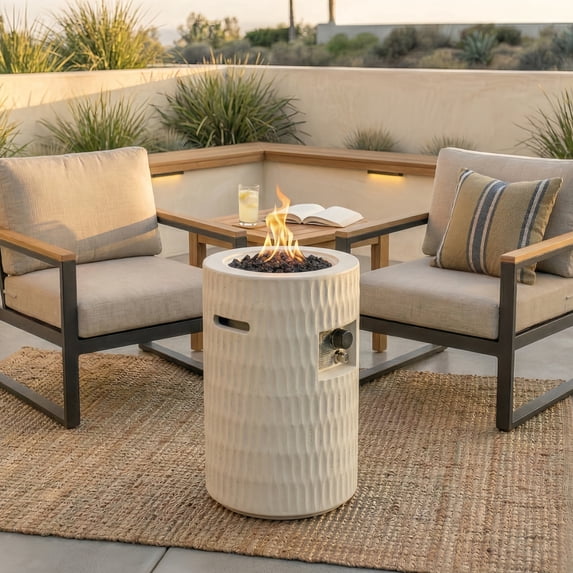 Atumcto 40,000 BTU Propane Fire Pit Column, 16.5" Round Concrete Outdoor Fire Pit with Lava Rocks and Cover for Patio, Backyard, Beige
