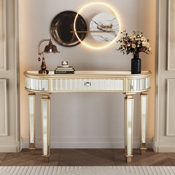 Atumcto 47" Fluted Mirrored Console Table with Drawer, Gold Finish Narrow Accent Sofa Table for Entryway, Living Room