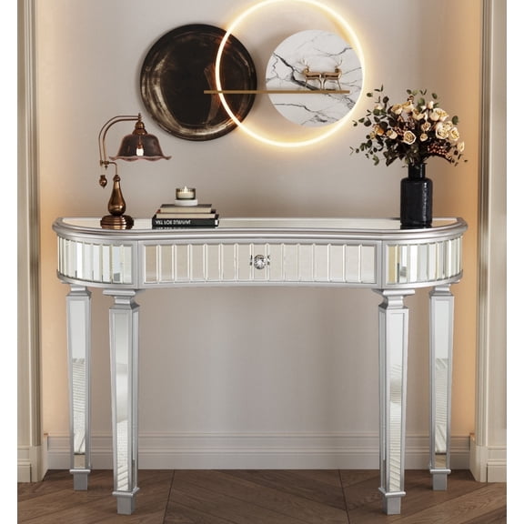 Atumcto 47" Gray Mirrored Console Table with Drawer, Modern Glam Entryway Table for Hallway, Narrow Sofa Table for Living Room