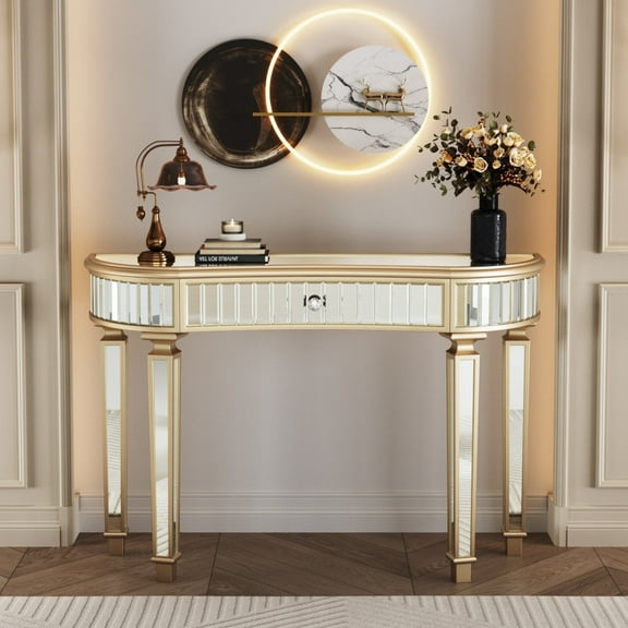 Atumcto 47" Mirrored Console Table, Entryway Table with Crystal Knob Drawer, Modern Glam, Gold/Silver