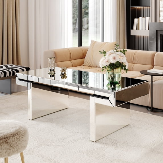 Atumcto 47" Mirror Coffee Table with Mirror Crystal Board, Glass Rectangle End Table, Modern Sofa Side Table for Living Room Bedroom