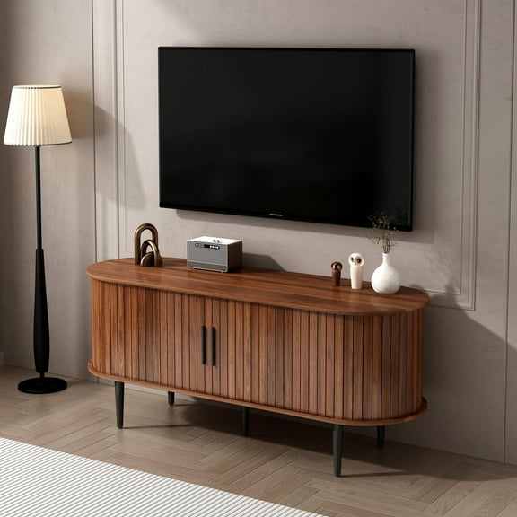 Atumcto 47" Wooden TV Stand, Modern Entertainment Center with Storage Compartment and Sliding Door, Walnut Finish