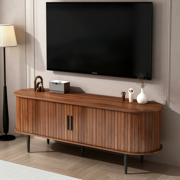 Atumcto 55" Walnut Mid-Century Modern TV Stand, Fluted Media Console with Sliding Doors, Storage Cabinet Entertainment Center for Living Room/Bedroom/Office
