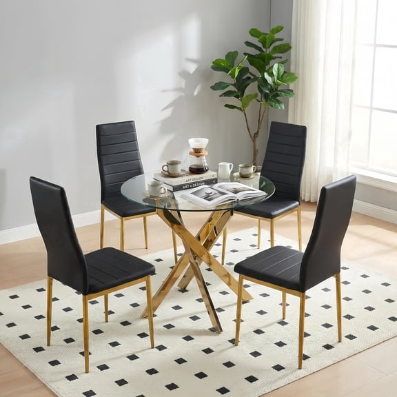 Atumcto 5-Piece Glass Dining Table Set for 4, Round Kitchen Table Set with 4 Chairs, Gold Metal Base, Mid-Century Modern Dining Room Set