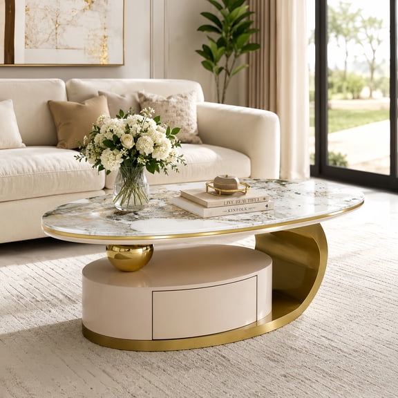 Atumcto 51.18" Oval Coffee Table with Drawer, Luxury Print Glass Top & Brushed Gold Stainless Steel Frame, Modern Center Table for Living Room