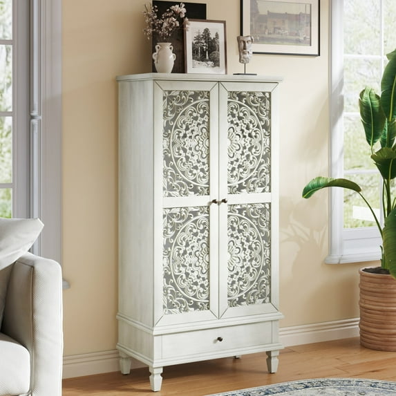 Atumcto 55" Tall Storage Cabinet with 2 Doors & Drawer, Vintage Carved Wood Accent Cabinet with Solid Wood Legs, Stylish Storage Solution for Living Room, Entryway, Dining Room, Antique Gray White