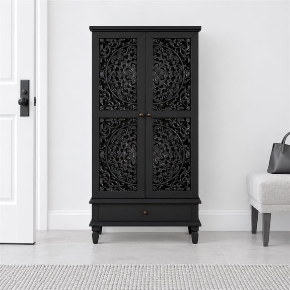 Atumcto 55" Tall Accent Cabinet with 2 Doors & Drawer, Vintage Carved Storage Cabinet with Solid Wood Legs for Living Room, Entryway, Black