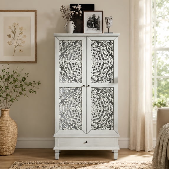 Atumcto 55" Tall Accent Cabinet, Rustic Storage Cabinet with 2 Doors and Drawer, Vintage Carved Wood Cabinet for Living Room, Entryway, Dining Room, Antique Gray White