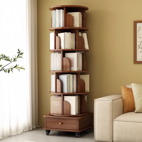 Atumcto 6 Tier Tall Rotating Bookshelf, Wooden Spinning Bookcase Tower, 360° Rolling Corner Organizer for Bedroom, Living Room, Office, Walnut Brown