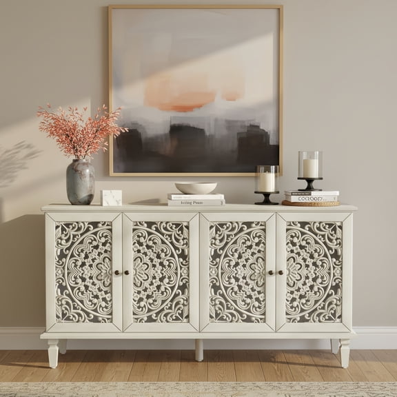 Atumcto 60" Farmhouse Buffet Cabinet with Carved Wood Doors, Vintage Storage Cabinet with 2 Adjustable Shelves and Solid Wood Legs, Gray White