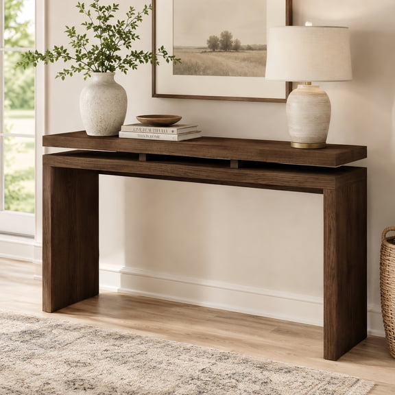 Atumcto 60" Farmhouse Console Table, Sofa Table with Double Board Design, Solid Wood Legs, Narrow Entryway Console for Living Room, Antique Brown