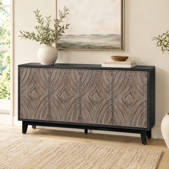 Atumcto 60" Mid Century Sideboard Buffet Cabinet with 4 Convex Diamond Pattern Doors, 2 Shelves & Solid Wood Legs for Living Room, Antique Brown