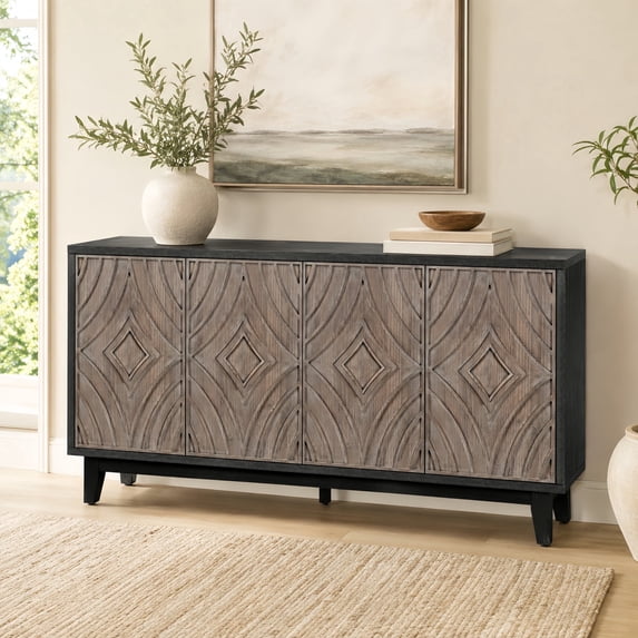 Atumcto 60" Mid Century Sideboard Buffet Cabinet with 4 Convex Diamond Pattern Doors, 2 Shelves & Solid Wood Legs for Living Room, Antique Brown
