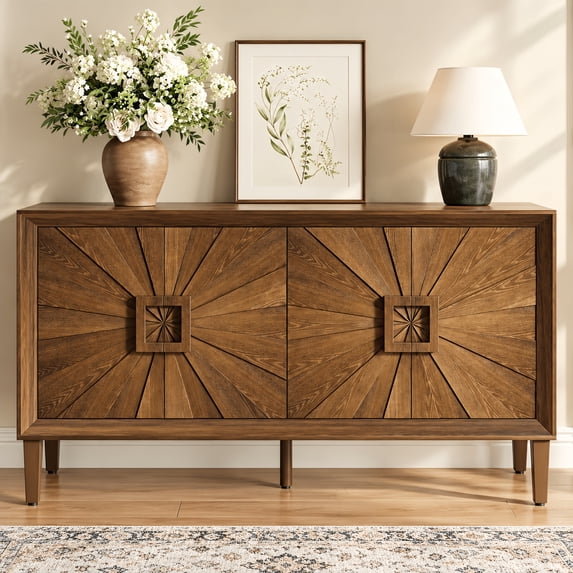 ATUMCTO 60" Farmhouse Sideboard Buffet Cabinet with Storage, Sunburst Doors, Adjustable Shelves, Antique Brown