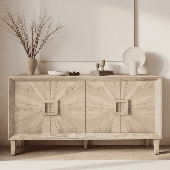 Atumcto 60" Modern Farmhouse Buffet Cabinet — Symmetrical Sunburst Accent Doors, Sturdy Construction, 2 Adjustable Shelves (Natural)