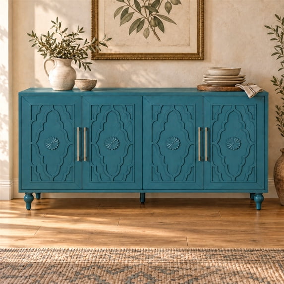 Atumcto 63" Boho Sideboard Buffet Cabinet with Floral Carved Doors, 2 Adjustable Shelves, Navy Blue