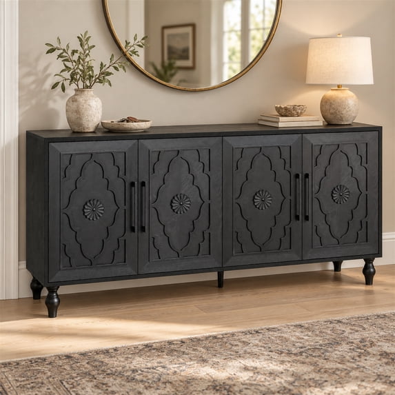 Atumcto 63" Buffet Storage Cabinet with Carved Floral Doors, 2 Adjustable Shelves, Black