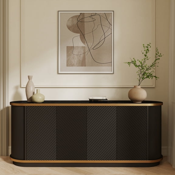 Atumcto 63" Fluted Sideboard Cabinet, Walnut Buffet Credenza with 4 Doors, Faux Marble Top and Gold Trim for Dining Room, Living Room, Black