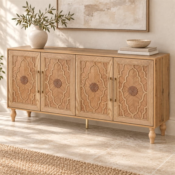 Atumcto 63" Sideboard Buffet Cabinet with Carved Floral Doors, Adjustable Shelves, Natural