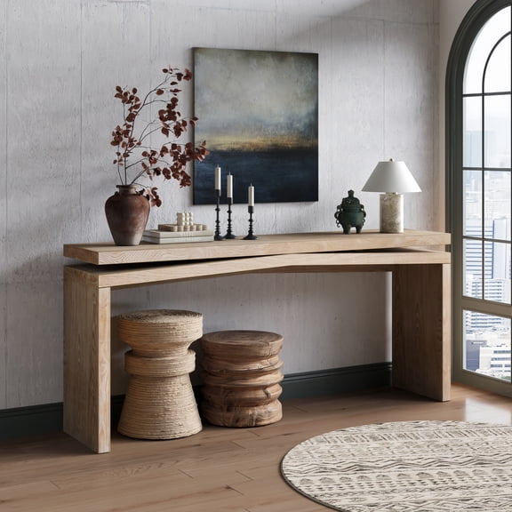 Atumcto 65" Long Console Table, Rustic Wood Entryway Sofa Table with Geometric Base for Living Room Hallway Behind Couch, Antique Natural