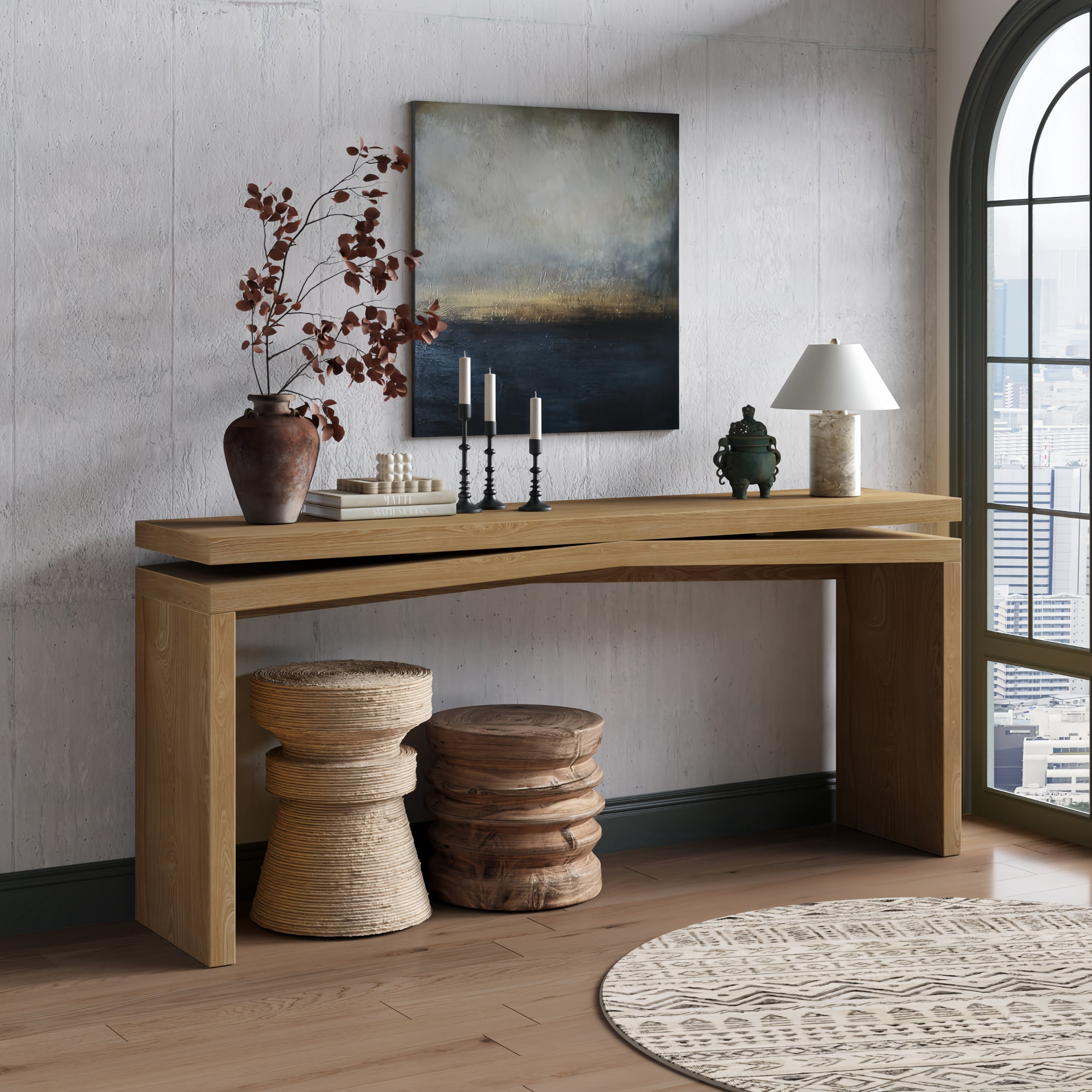 Atumcto 65" Long Console Table, Rustic Wood Entryway Sofa Table with Geometric Base for Living Room Hallway Behind Couch, Antique Brown