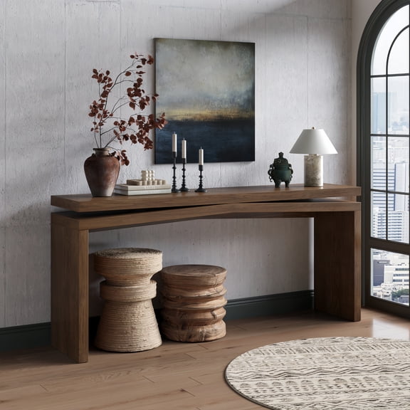 Atumcto 65" Long Console Table, Rustic Wood Entryway Sofa Table with Geometric Base for Living Room Hallway Behind Couch, Antique Rustic Brown