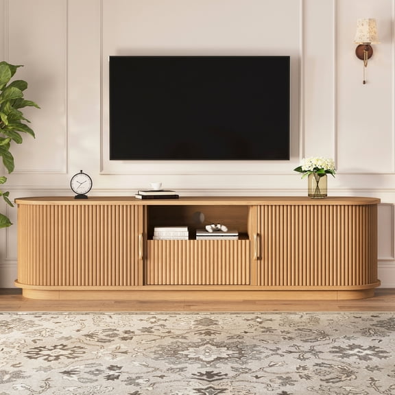 Atumcto 67" Fluted TV Stand for TVs up to 75", Mid-Century Modern Media Console with Cable Management, Sliding Tambour Doors & Drawer, Curved Edges, Natural